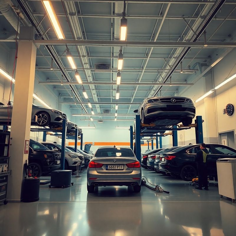 Interiér moderní autodílny v tónech inkové modři a teplé bílé