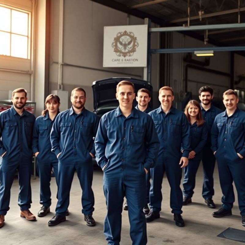 Skupinový portrét devíti techniků v inkově modrých uniformách