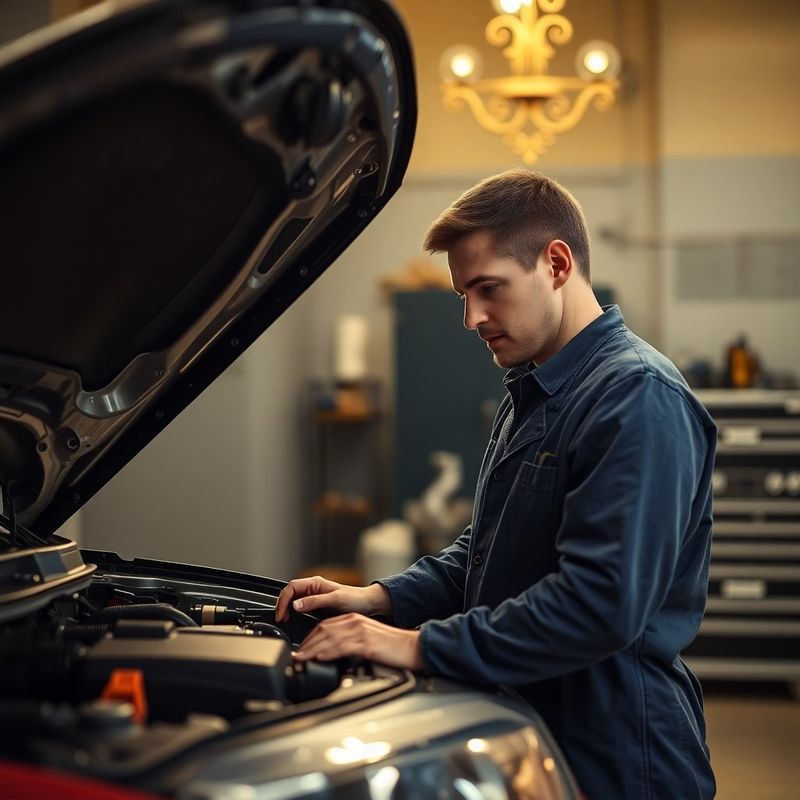 Mechanik v inkově modré pracovní zástěře kontroluje motor v dílně