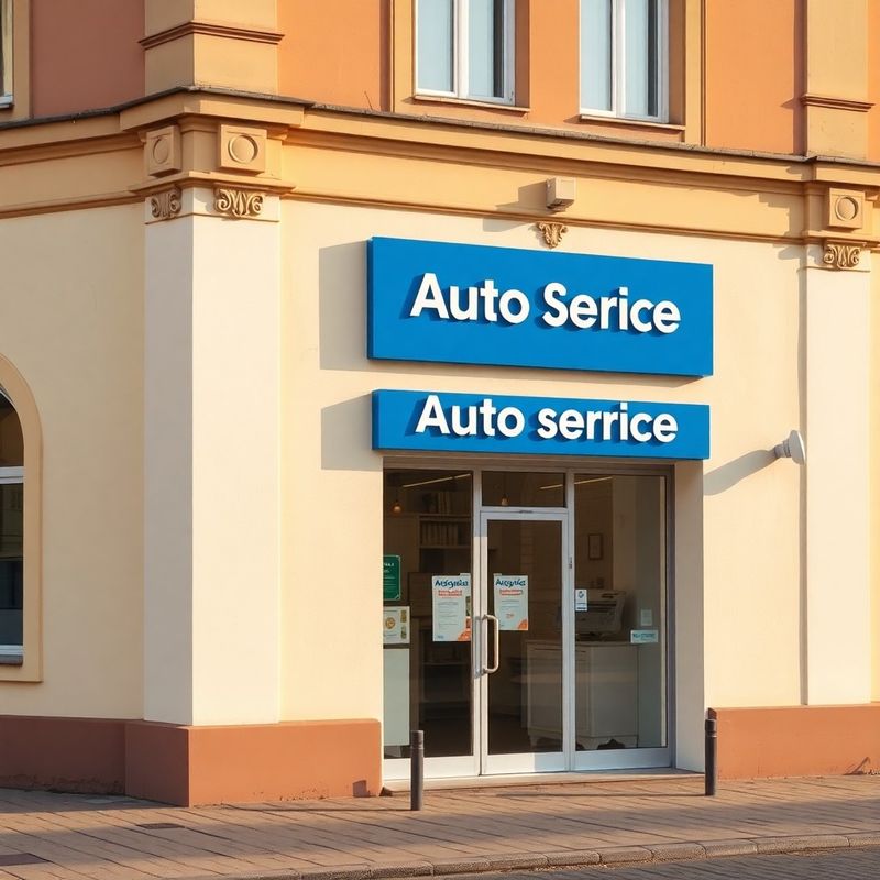 Exteriér moderní budovy autoservisu v Plzni s inkově modrým logem